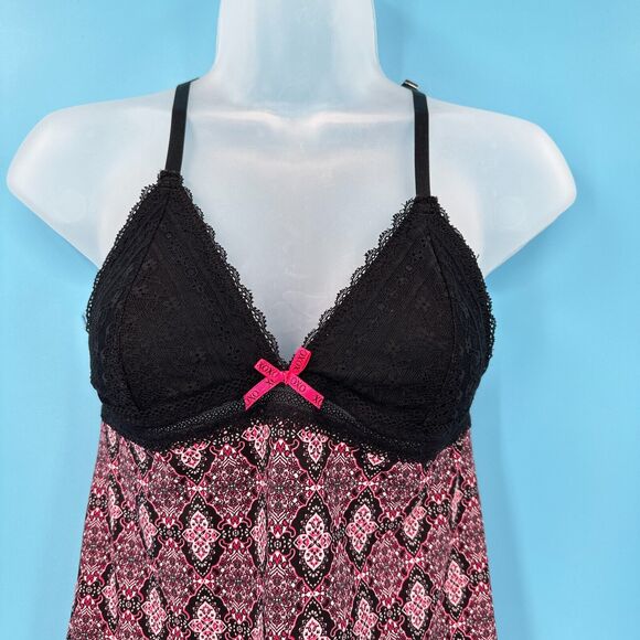 Y2K Lingerie Slip Dress Mini size Small Babydoll Pink Black Lace Retro - Picture 3 of 12